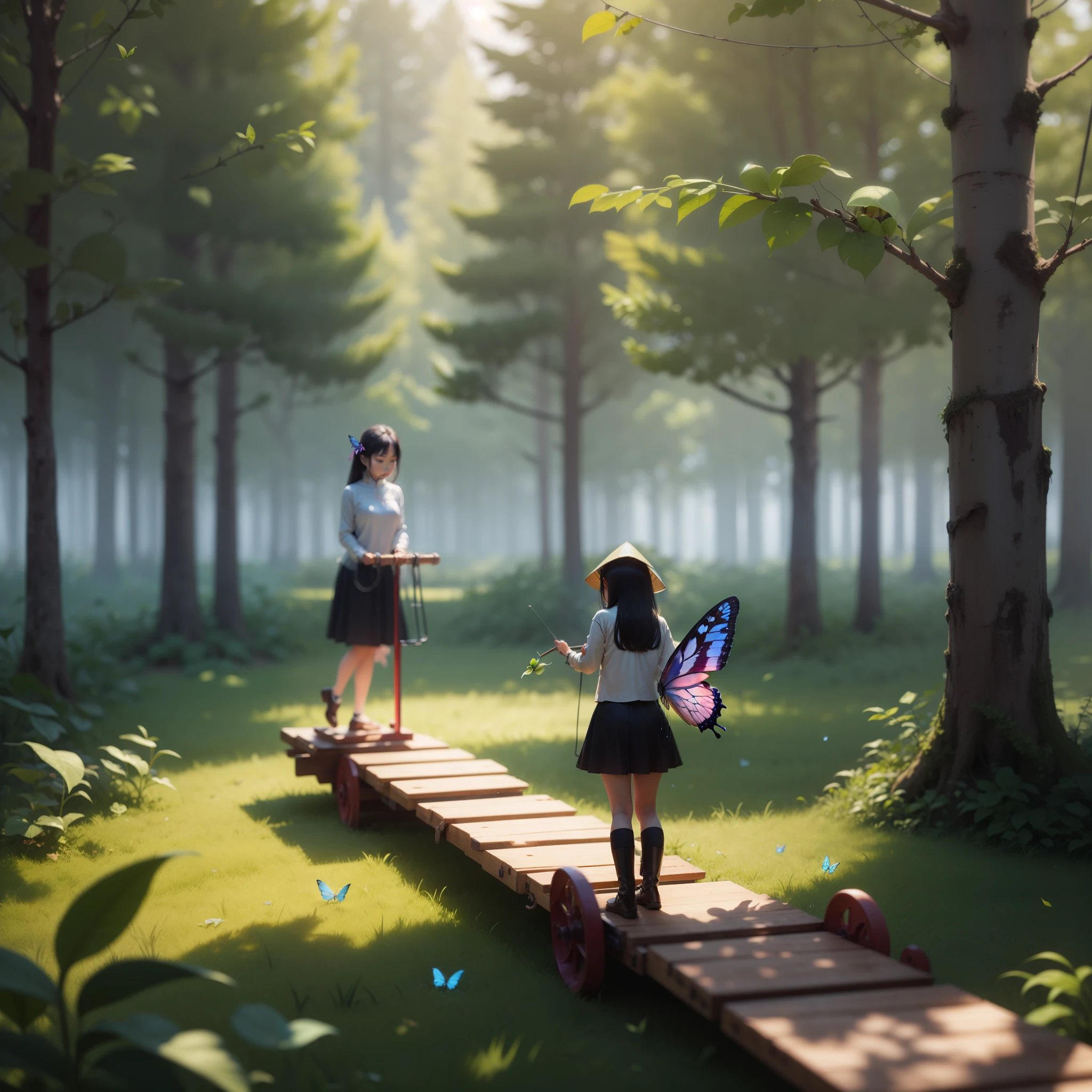 vietnamese girl and a butterfly on both sides of a seesaw. Flat 3d, 8k, The butterfly is weighing down the seesaw, they are in a clearing in the middle of a magical colorful forest, detailed --auto --s2