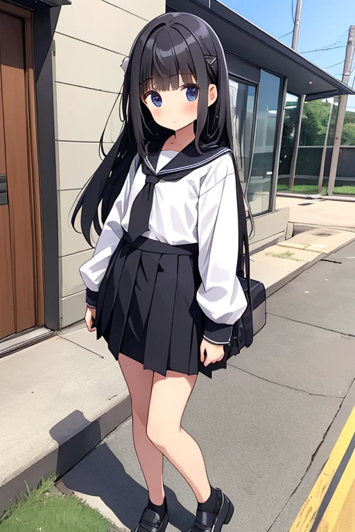 one-girl, loli, cute , (small breasts), long hair, thin leg, mess up hair with hands, middle School girls, Black ultra-short pleated skirt, full body, exposing your navel