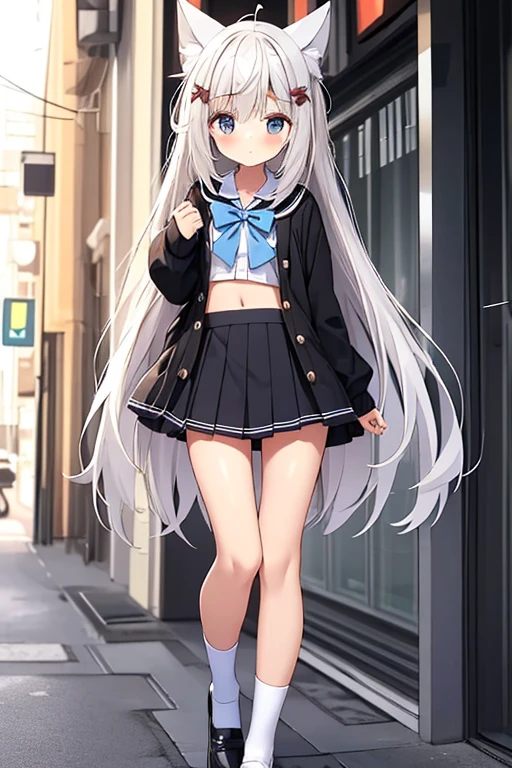 one-girl, ****, cute , (small breasts), long hair, thin leg, mess up hair with hands, middle School girls, Black ultra-short pleated skirt, full body, exposing your navel