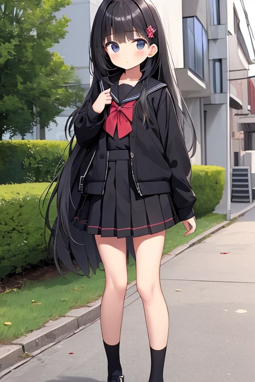 one-girl, loli, cute , (small breasts), long hair, thin leg, mess up hair with hands, middle School girls, Black ultra-short pleated skirt, full body, exposing your navel