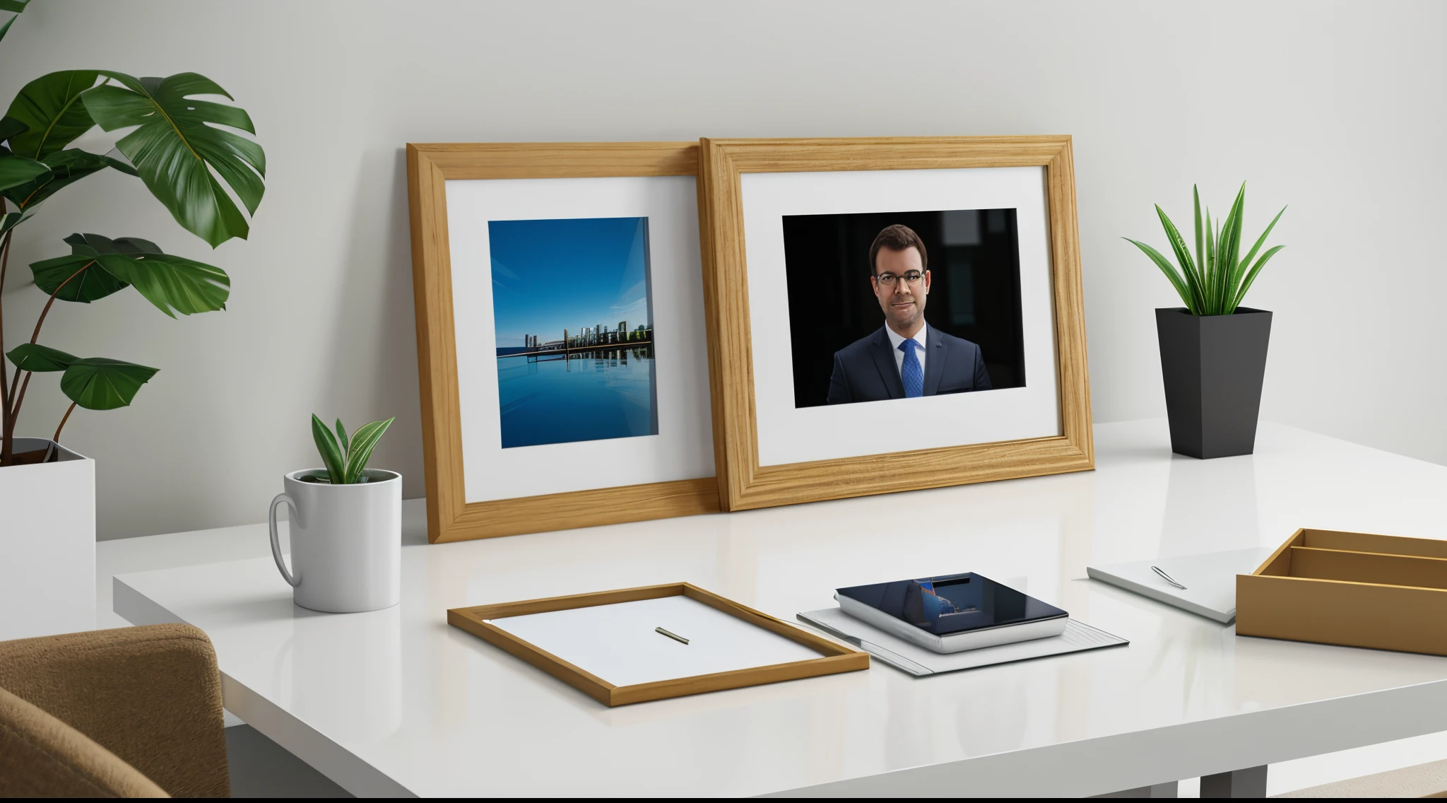 3D image, an office table for mockup of decorative frames