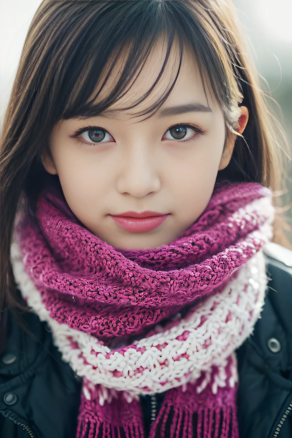 ((Show face only、Close-up of face、no-makeup))、(realisitic、Photorealsitic、ultra-detailliert、Highest Details Skins、top-quality、​masterpiece、超A high resolution)、Cute Japan Woman、、hi-school girl、younggirl、1 girl in、I have bangs、二重まぶた、drooing eyes、Large black eyes、Japanese style face、ssmile、Charming、purity、Straight face、double tooth、View here、Realistic skin type、Thick muffler、Grey muffler、fluffy hair、((Hair is inside the scarf:1.3))、Red cheeks、The wind is blowing、It's snowing、illuminations、Lighting from behind、