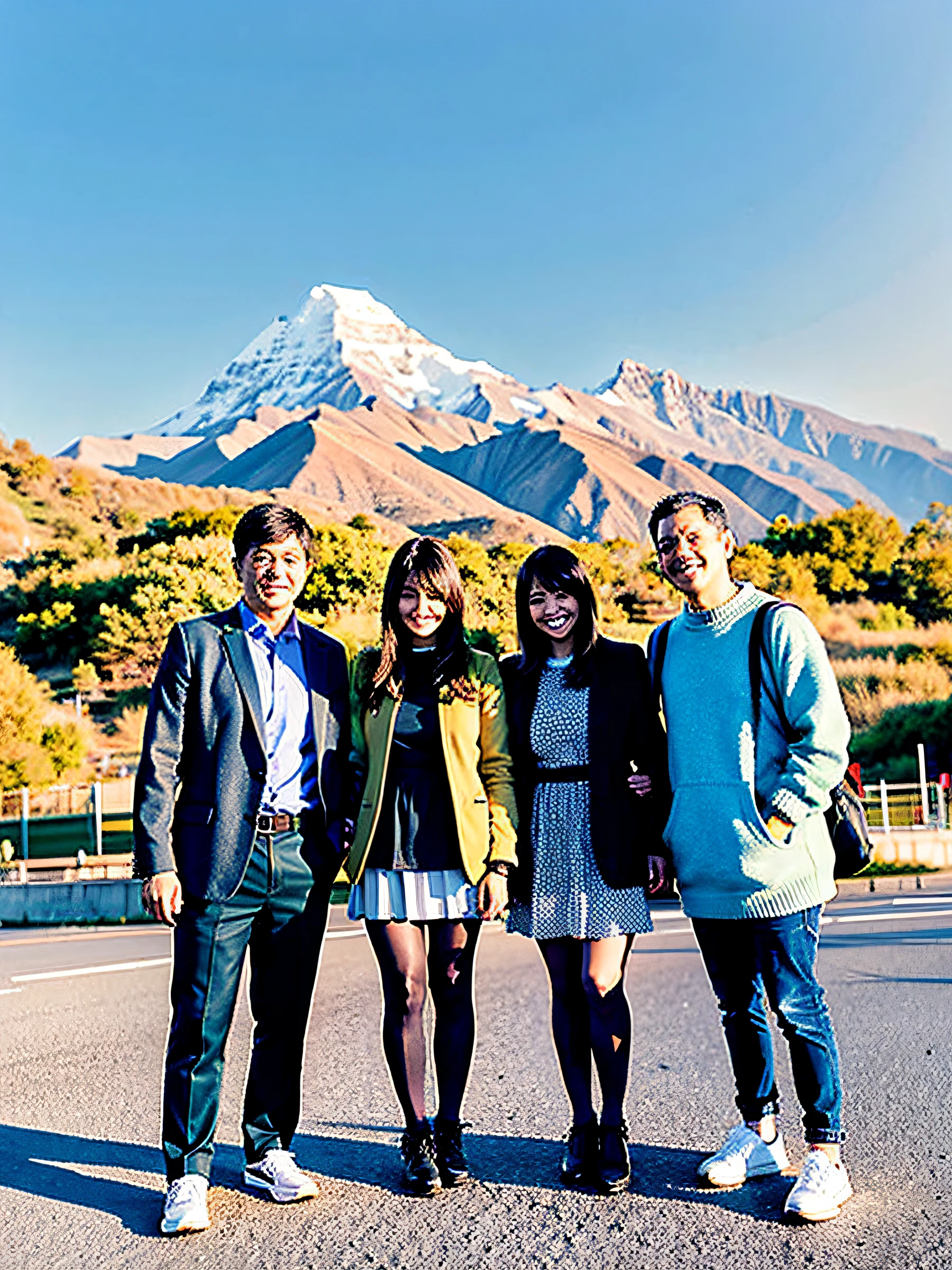 Four people standing on the sidewalk in front of the building, The first one on the left is a boy, The second one is a girl,The third person is a middle-aged woman,The fourth one is a handsome guy,Girls wear mini skirts,Girls wear stockings,Girl shows her breasts,from china, With mountains as a backdrop, park in background, mountain in background, mountain range in background, Taken in the early 2020s, college, vacation photo