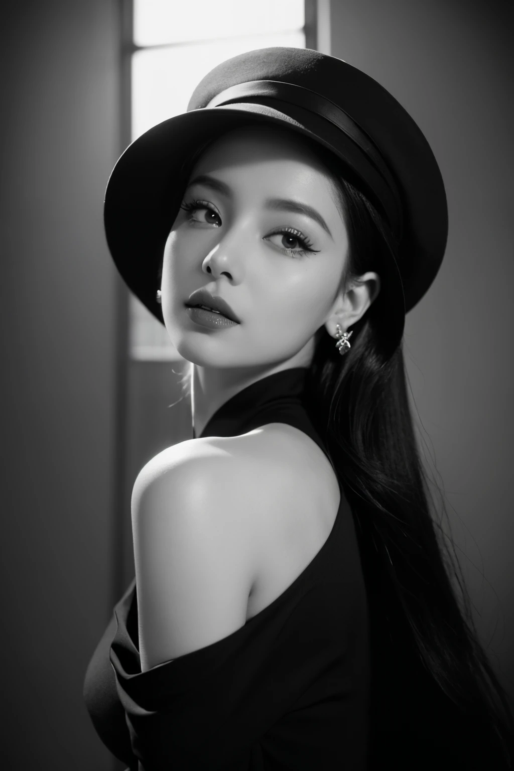 Alafid woman wearing black hat and lips in black and white photo, Inspired by George Herrell, vintage noir, Inspired by Lillian Bassman, inspired by Jerry Schatzberg, author：Clifford Ross, Inspired by Jean-Jacques Henner, film noir style, author：george herrell, photography of：albert watson, film noir lighting, film noir reality，4K Ultra HD, 超高分辨率, (realistically: 1.4), Best quality，tmasterpiece，