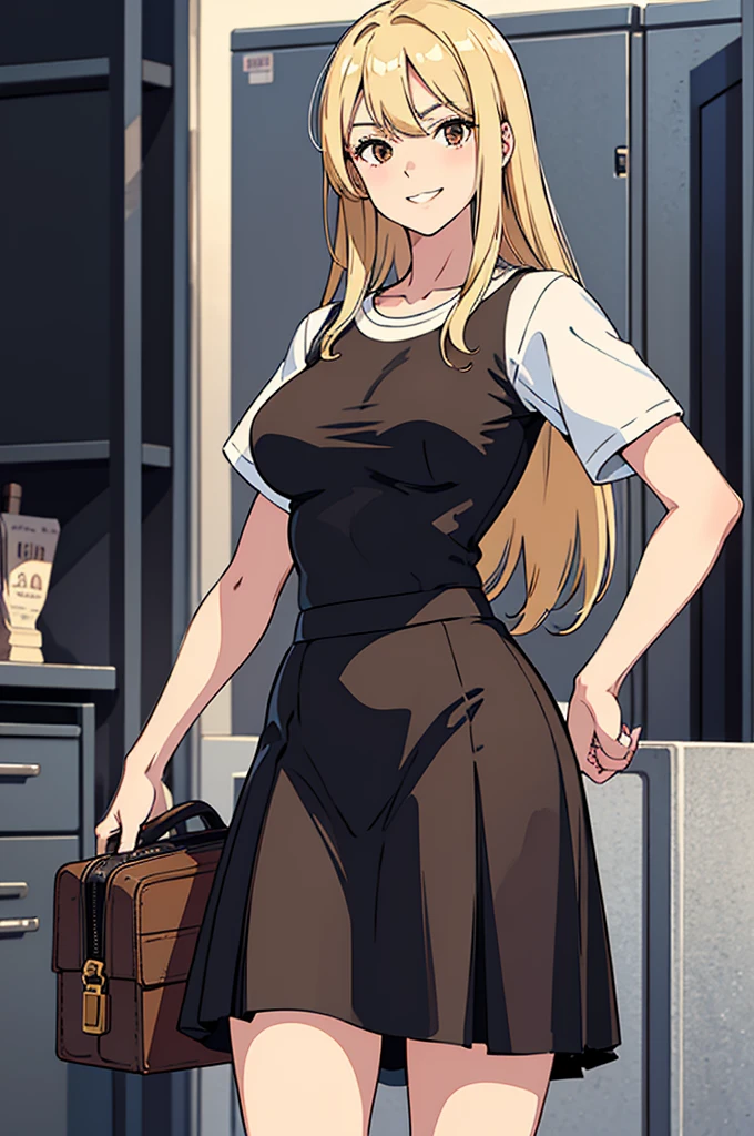 (masterpiece, a high resolution, best quality, 1.2) 1girl, medium blond hair, right parted, straight, brown round eyes,(Large, Perfect round hips) photograph realistic, medium breasts, black crop tee, short sleeves, black skirt flowy, smug grin, high school lockers