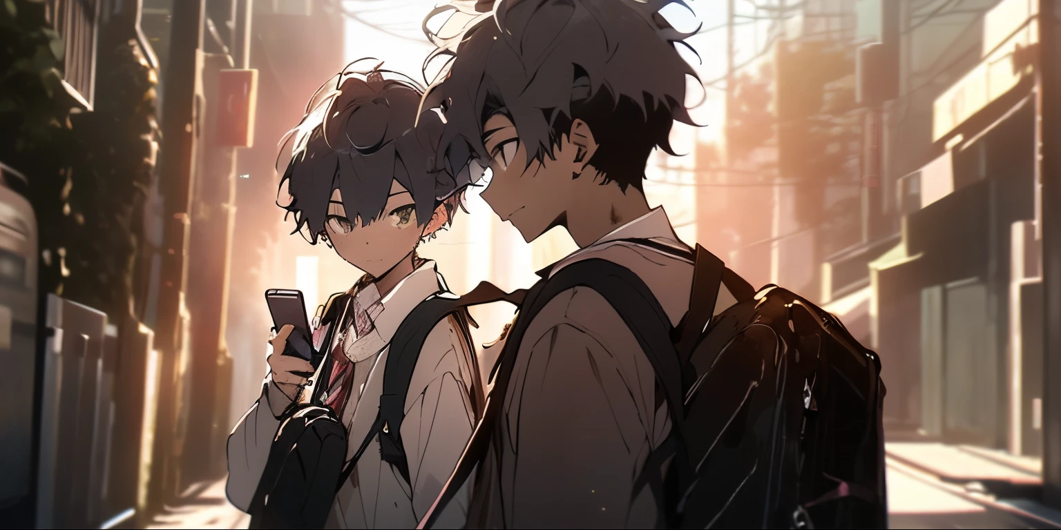 suburb,Crossroads,street corner,A male high school student is carrying a schoolbag and playing with his mobile phone seriously with his head down.,A girl with short hair,Carrying a school bag,holding a drink,impatient,style of anime