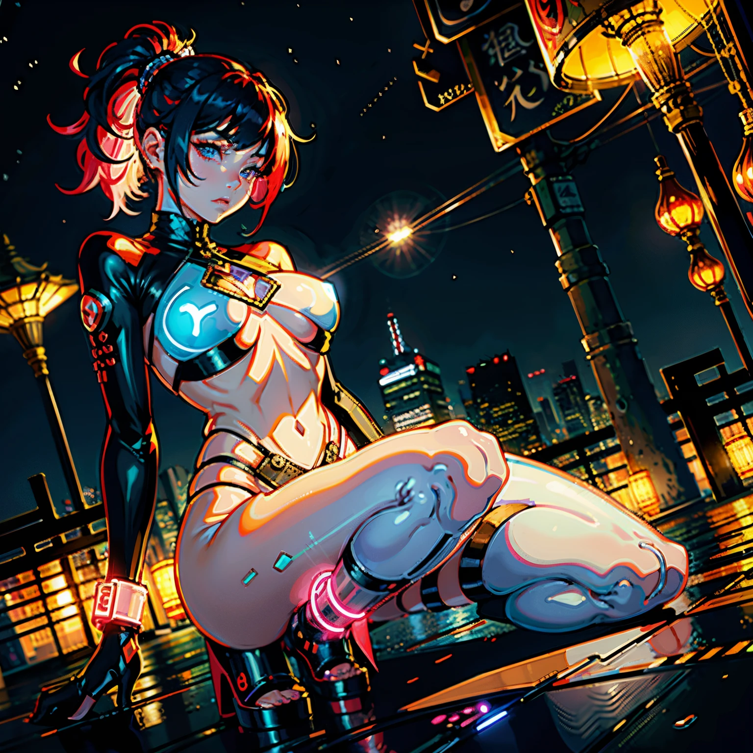 1girll,one-girl, red double-tailed hair, Tattooed with, futuristic outfit, big breast, Neon Samurai, very beautiful cyberpunk samurai, cyberpunk samurai, Ghost Blade style, Victor Nye Cyberpunk style, Neon cyberpunk style, cyber punk perssonage, Technology roamers, videgame character, synthwave image, cyberpunk voodoo, neon glow concept art, themoon, lanterns, the night, 独奏, exteriors, Skysky, moon full, Sateen, mont, Clouds, paper lanterns, nigh sky, By bangs, The tree, Reflectors, mostly cloudy sky, {{(tmasterpiece),(Very detailed CG unity 8k wallpaper), best qualtiy,独奏,cinmatic lighting,detailed back ground,beatiful detailed eyes, Bright pupils,(Extremely refined and beautiful),(Beautiful and detailed eye description, ultra - detailed,tmasterpiece,}},Detailed eyes,beautidful eyes, photorealistic eye, pretty eyes, perfect eyes, Camel toe petals, Hollow-out on, sweat leggs, White liquid, Smooth pink skin, shiny metallic glossy skin, Shiny, spread their legs,M-shaped legs, Irritated,white liquid all over body,Full body like