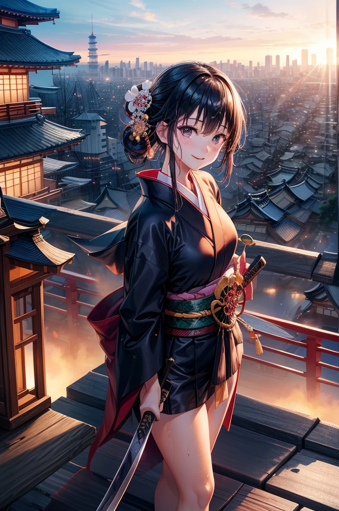 top-quality、Top image quality、masutepiece、the most beautiful girl(Glowing hair、micro mini kimono、Japan sword at the waist、Iaido motion、The whole body is wet、A smile)、hiquality、Background with((World of Japan、Destroyed cityscape)