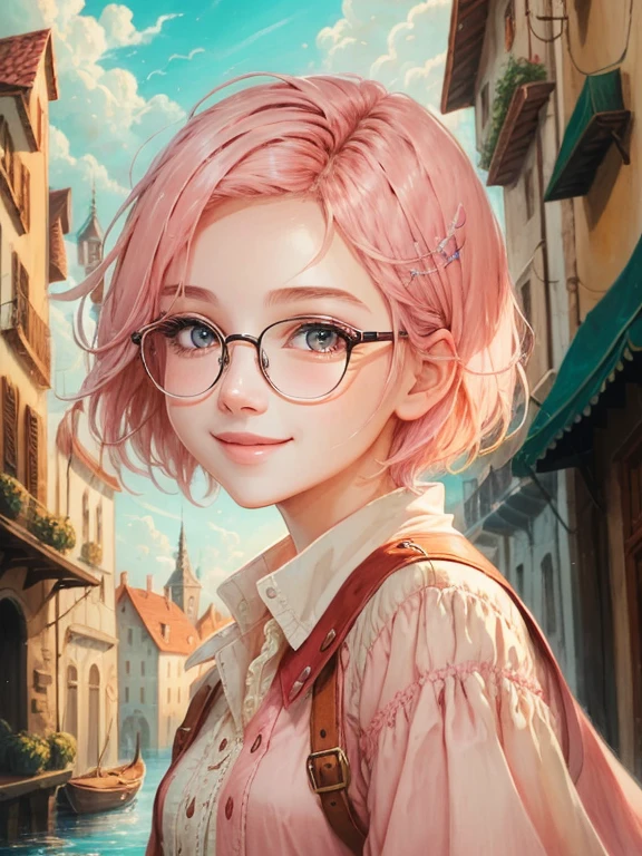 high-level image quality、fine portrayal、Official Art、Girl with glasses、A pink-haired、short-hair、illustratio、the wind、Eau、sorcerer、European cities、fantasy art style、Friendly atmosphere、Soft atmosphere、pink there、a smile、The upper part of the body