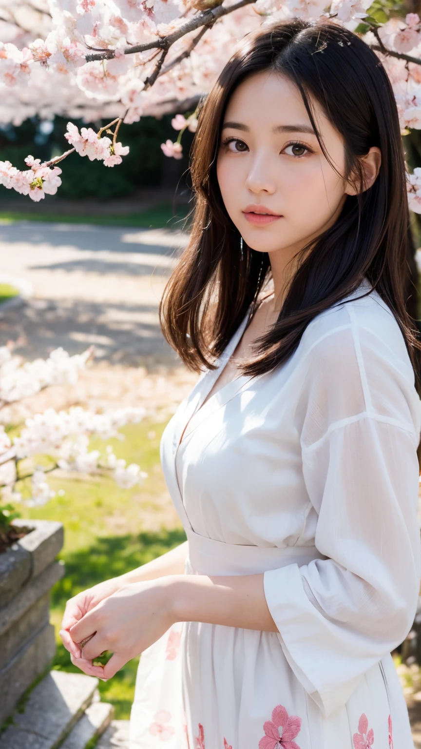 (A logo、masterpiece、8K、masutepiece、Raw photo、Fantastic、Best Quality、Photorealistic、extremely detailed CG unified 8k wallpaper、hightquality、ighly detailed、epic poem、Particle effect、Dynamic effects、depth of fields、Cinematic Light、Lens Flare、Ray tracing)、Fantasia、 (Beauty 1 person、White Japanese Clothing、Japanese dress、White cherry blossom pattern、White cherry blossom embroidery pattern、A dark-haired、Beautiful face、Real Face、Beautiful detail eyes、Beautiful skin)、Hair flutters in the wind、Hair jumps、Pink cherry blossom tree、Petals flutter、Sakura blizzard、Superb view、morning glow、Sun in the background、the wind、Deities、tusk、myth、Vast Land、