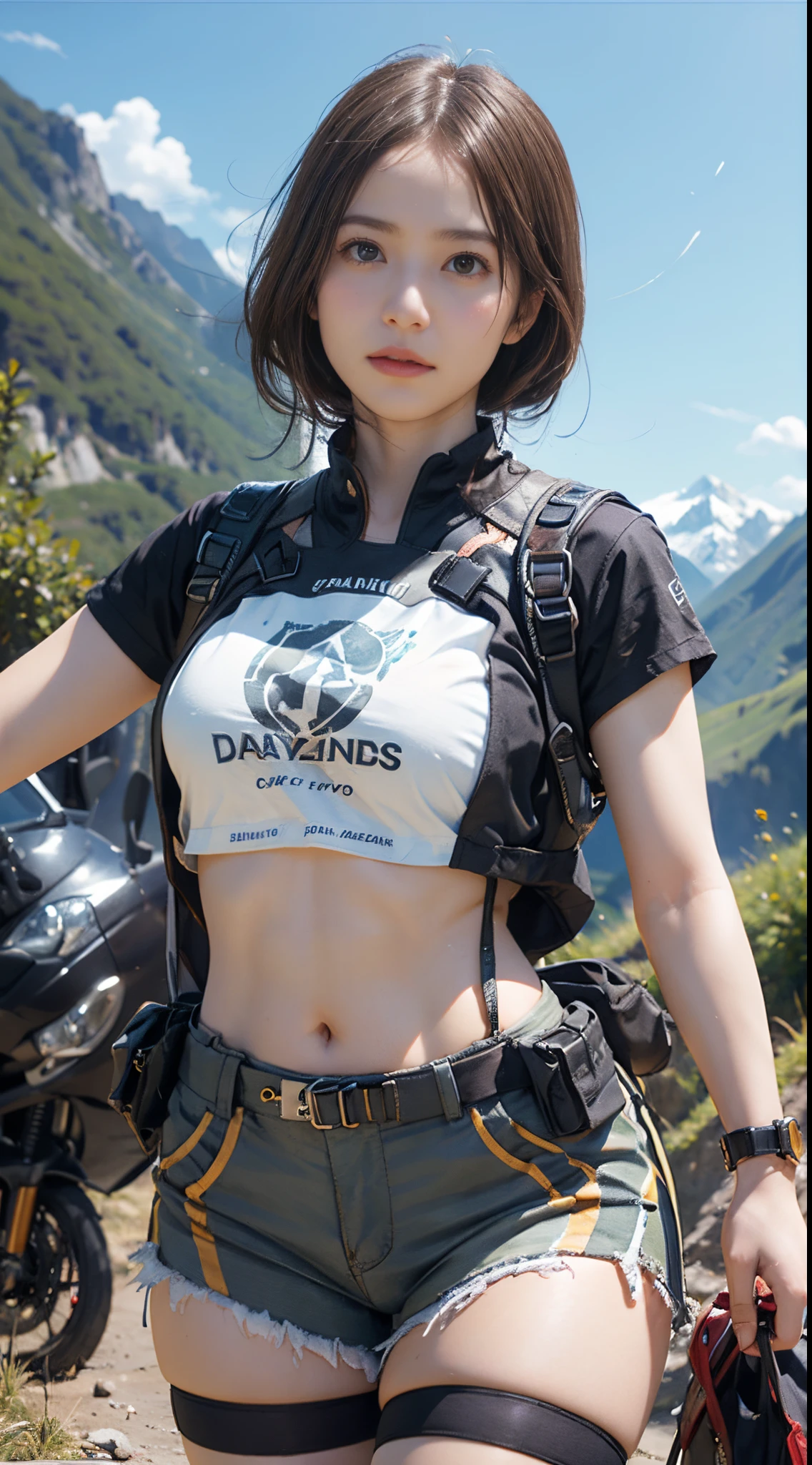 A beautiful muscular woman carries large packages with special equipment on her back and delivers them on a beautiful mountain road in the Alps.、desperate、Hurry、He wears tight shorts and a T-shirt that is so short that his stomach is exposed.、Death Stranding