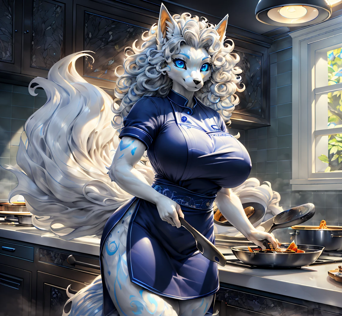 1girl ((Made by Complextree)), (Alolan Ninetales), ((solo)), ((big and firm breasts, antrum, extremely detailed, extremely detailed legs, extremely detailed arms, extremely detailed face, perfectly detailed eyes,perfectly detailed anatomy, Curly hair, Wearing Chefs Uniform, Modern Kitchen))
