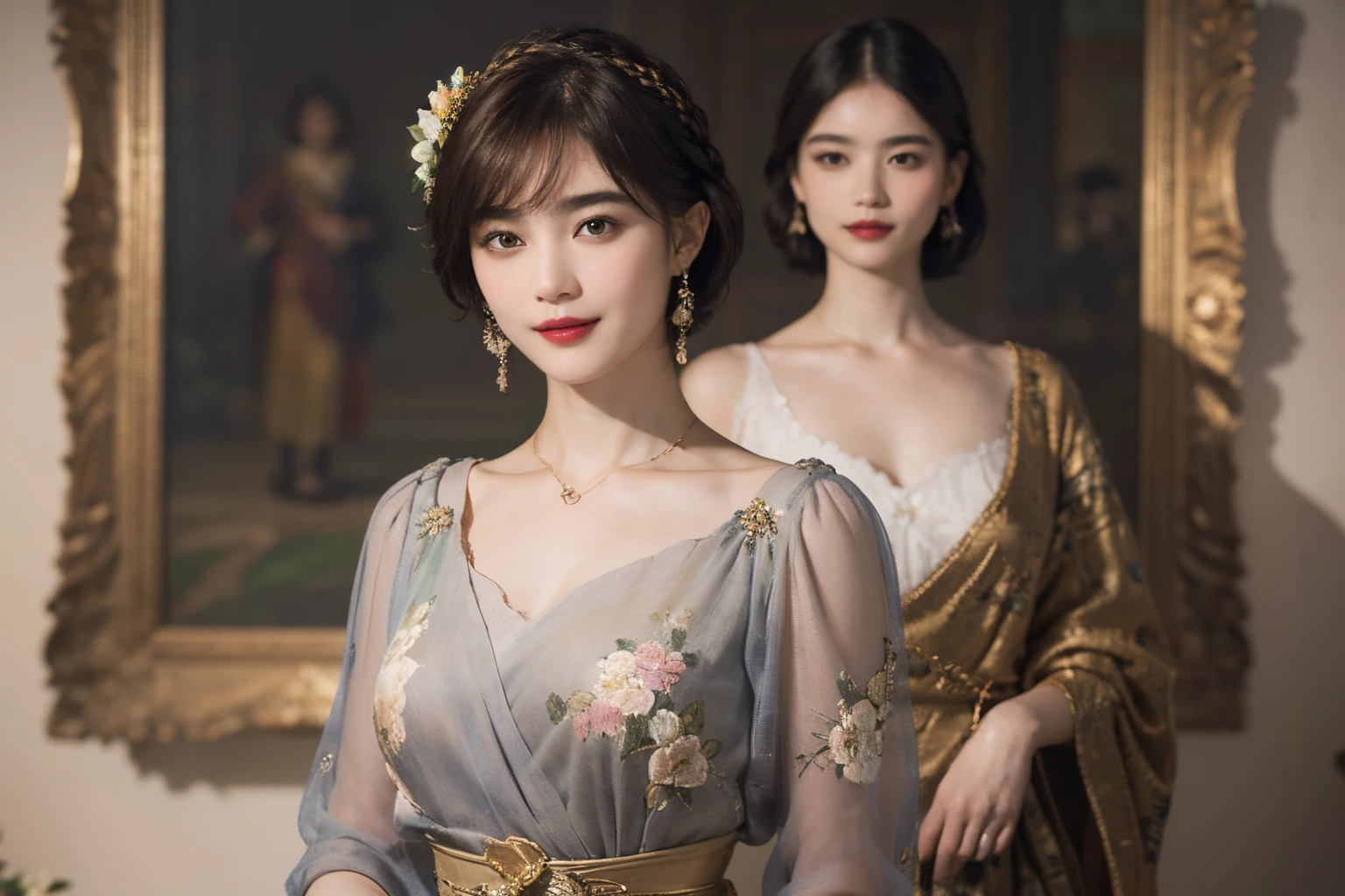 117
(a 20 yo woman,is standing), (A hyper-realistic), (high-level image quality), ((beautiful hairstyle 46)), ((short-hair)), (Gentle smile), (breasted:1.1), (lipsticks), (florals), (Light and Darkness), (rembrandt painting), (Luxurious room)