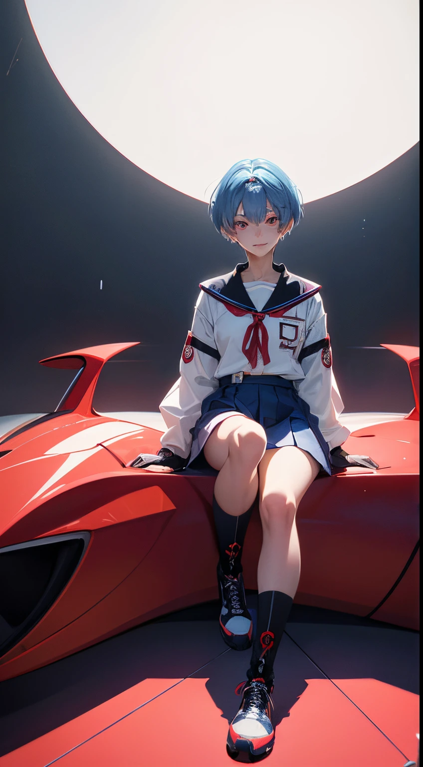Evangelion Cockpit,Masterpiece portrait of a smiling Rei Ayanami (Evangelion), Evangelion (Hideaki), Caustics, High resolution illustration,14years, Red Eyes, Feminine, no pupils, Blue hair,  Short hair, Very small breasts,Japan school uniform, lowfers, swpunk, Synth Wave, Paint splatters, shaded flat illustration, Digital Art, Trending on ArtStation, Highly detailed, Fine detail, Convoluted, Splatter, Outrun, Vaporware, neon color,undergarment,long boots