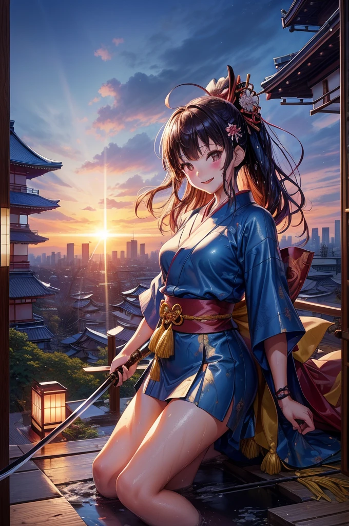 top-quality、Top image quality、masutepiece、The most beautiful girl(Glowing hair、micro mini kimono、Bow、Japan sword at the waist、Iaido movements、one leg exposed、the whole body is wet、A smile)、hiquality、Background with((World of Japan、Destroyed cityscape)