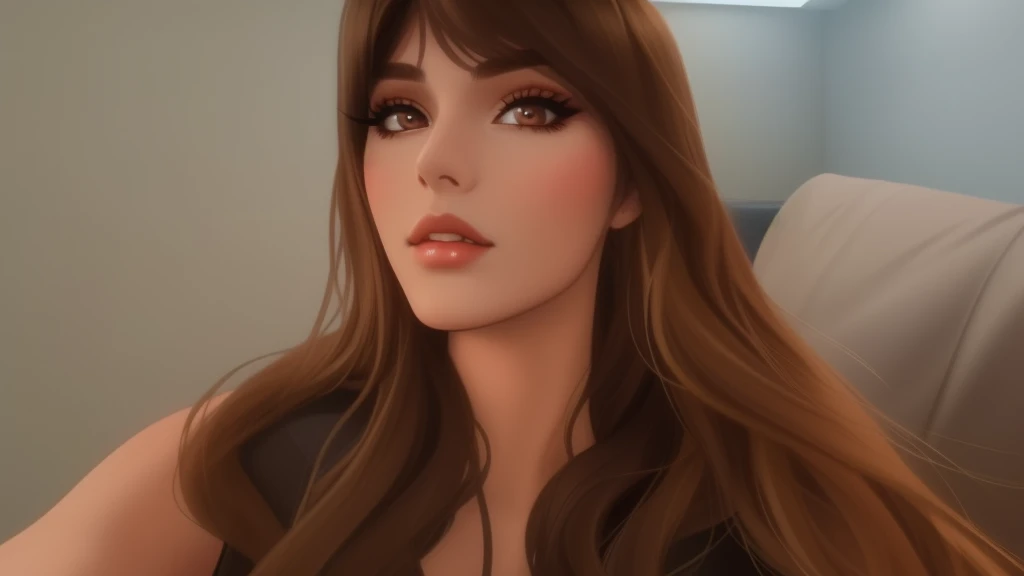 there is a woman with long hair and a black top, sexy face with full makeup, 1 9 years old, headshot profile picture, she is 1 9, very very low quality picture, sultry look, 1 9 years old, brown hair and large eyes, half-body headshot, she has long brown hair, 1 9 year old female model