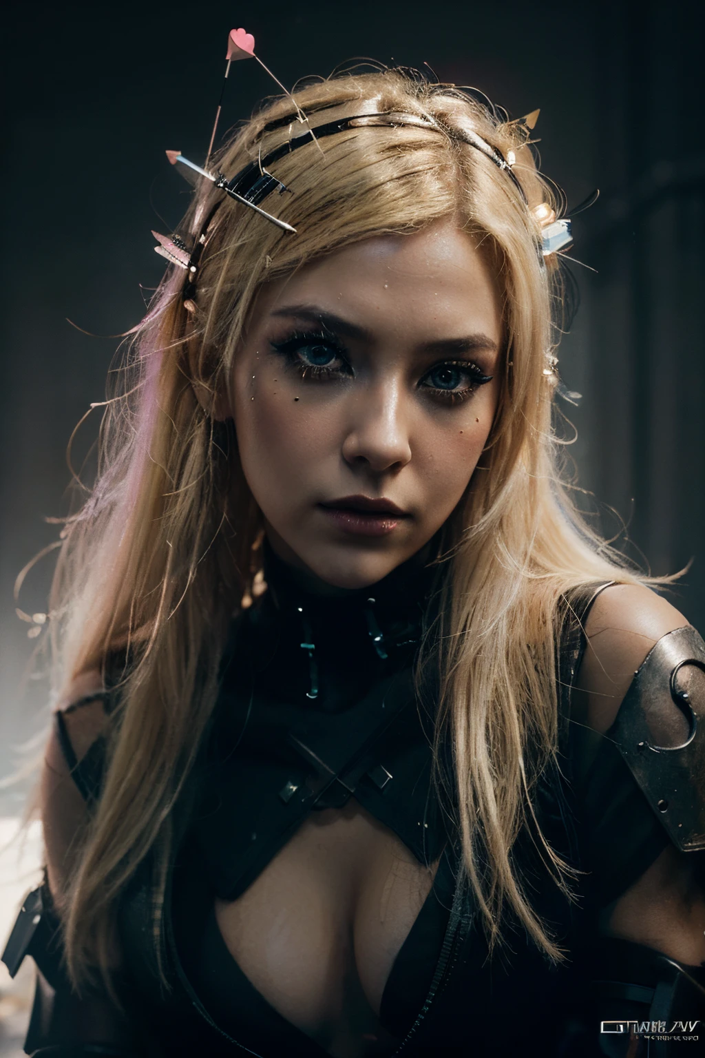 A beautiful and sweet cyberpunk blonde, a digital painting of a woman with Love Makeup with arrows, Heart-shaped makeup, cgsociety, gothic art, dystopian art, detailed painting, behance hd, figurative art, anime aesthetic, deep photography, Ilford HP5 film, crushed blacks, depth of field, dark photo, film grain, shadows, natural light