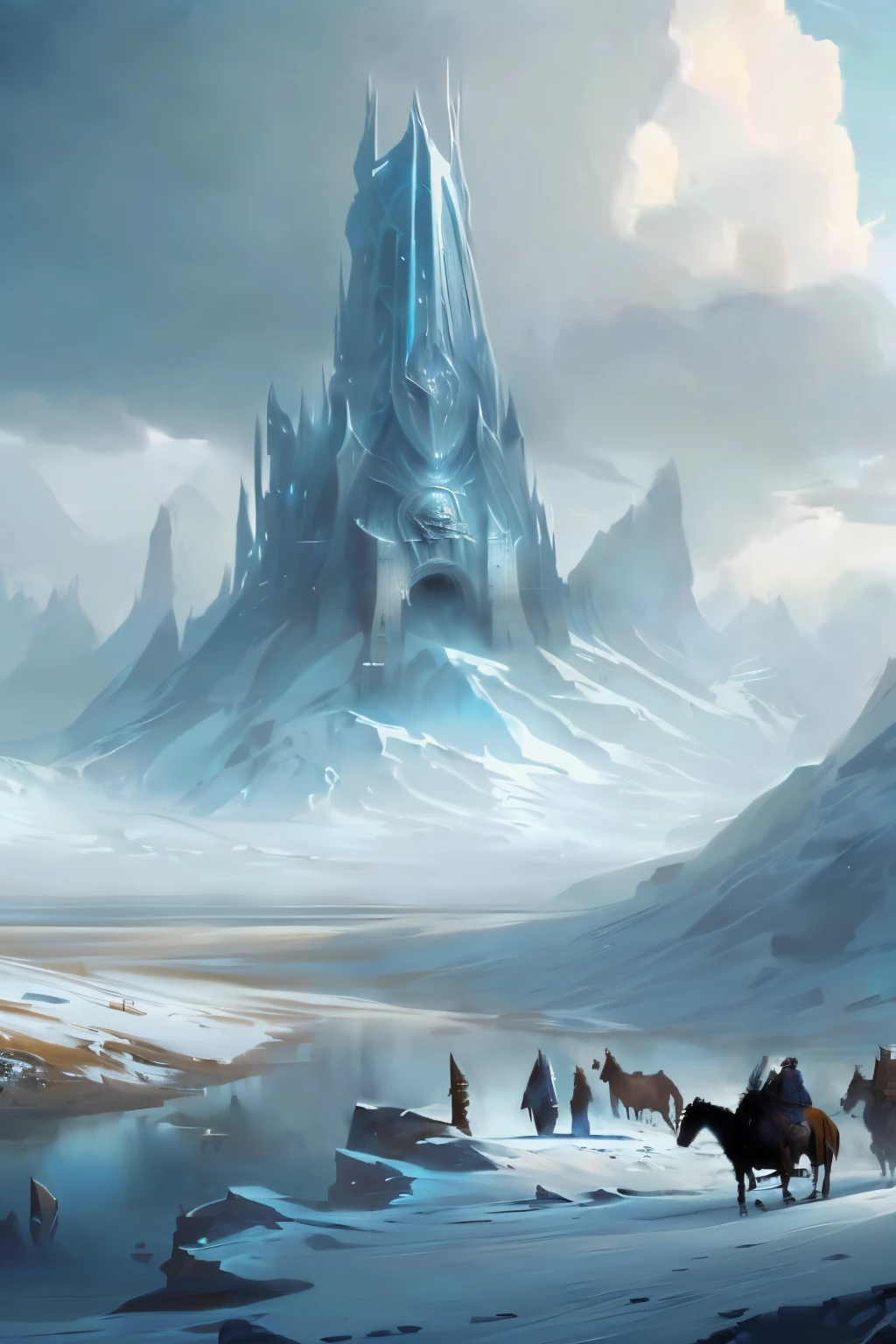 there are people riding horses in the snow near a mountain, winter concept art, epic fantasy sci fi illustration, stefan koidl inspired, epic fantasy concept art, 4k fantasy art, symmetrical epic fantasy art, epic fantasy illustration, andreas rocha and john howe, inspired by Andreas Rocha, impressive fantasy landscape, by Chris Cold, epic fantasy novel cover art