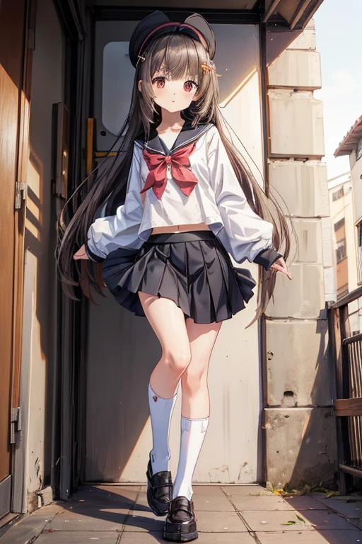 one-girl, loli, cute , (small breasts), long hair, thin leg, mess up hair with hands, middle School girls, Black ultra-short pleated skirt, full body, exposing your navel