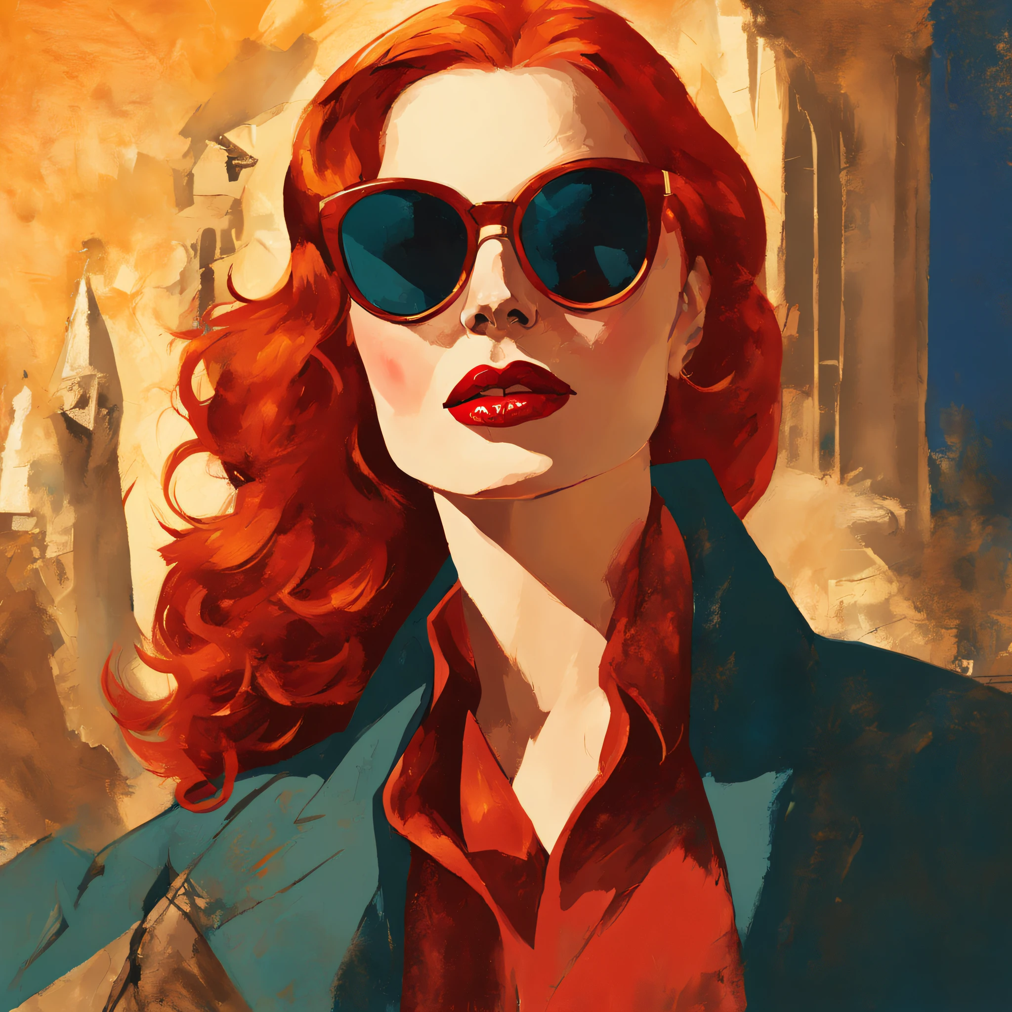 a beautiful red-haired woman with red lipstick and sunglasses, com expressionista, estilo medieval, illustration style done by Liam Brazier, no meio da jornada, 8k.