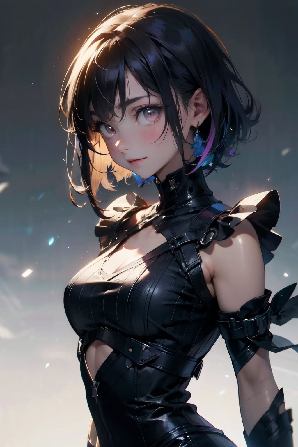 a 20 yo woman、Brown hair、Bery short hair、Big smile、Purple long dress(hi-top fade:1.3)、dark themed、Muted Tones、Subdued Color、highly contrast、(natural skin textures、Hyper-Realism、Soft light、sharp) {{{{masutepiece}}}}, {{{Hyper Detailed}}}, {{{hight resolution}}}, {{Good anatomy}}, (((Best Quality))), ((extremely delicate and beautiful)), {{an extremely detailed and delicate}}, {8k cg wallpaper}, {{Illustration}}, (greyscale with colored background:1), White and black background, (chromatic abberation:1.2), Upper body, maturefemale, (1girl in:1), Solo, 花魁, (komono:1.2), medium breasts, hiten1,steampunc,
