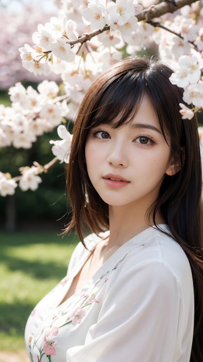 (A logo、masterpiece、8K、masutepiece、Raw photo、Fantastic、Best Quality、Photorealistic、extremely detailed CG unified 8k wallpaper、hightquality、ighly detailed、epic poem、Particle effect、Dynamic effects、depth of fields、Cinematic Light、Lens Flare、Ray tracing)、Fantasia、 (Beauty 1 person、White Japanese Clothing、Japanese dress、White cherry blossom pattern、White cherry blossom embroidery pattern、A dark-haired、Beautiful face、Real Face、Beautiful detail eyes、Beautiful skin)、Hair flutters in the wind、Hair jumps、Pink cherry blossom tree、Petals flutter、Sakura blizzard、Superb view、morning glow、Sun in the background、the wind、Deities、tusk、myth、Vast Land、