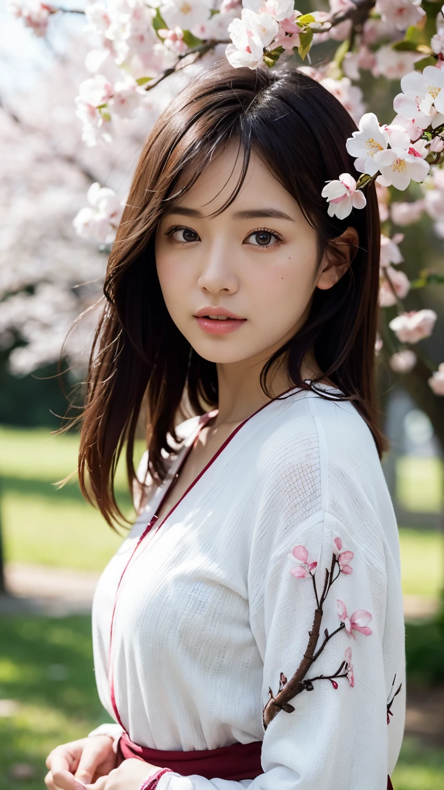 (A logo、masterpiece、8K、masutepiece、Raw photo、Fantastic、Best Quality、Photorealistic、extremely detailed CG unified 8k wallpaper、hightquality、ighly detailed、epic poem、Particle effect、Dynamic effects、depth of fields、Cinematic Light、Lens Flare、Ray tracing)、Fantasia、 (Beauty 1 person、White Japanese Clothing、Japanese dress、White cherry blossom pattern、White cherry blossom embroidery pattern、A dark-haired、Beautiful face、Real Face、Beautiful detail eyes、Beautiful skin)、Hair flutters in the wind、Hair jumps、Pink cherry blossom tree、Petals flutter、Sakura blizzard、Superb view、morning glow、Sun in the background、the wind、Deities、tusk、myth、Vast Land、