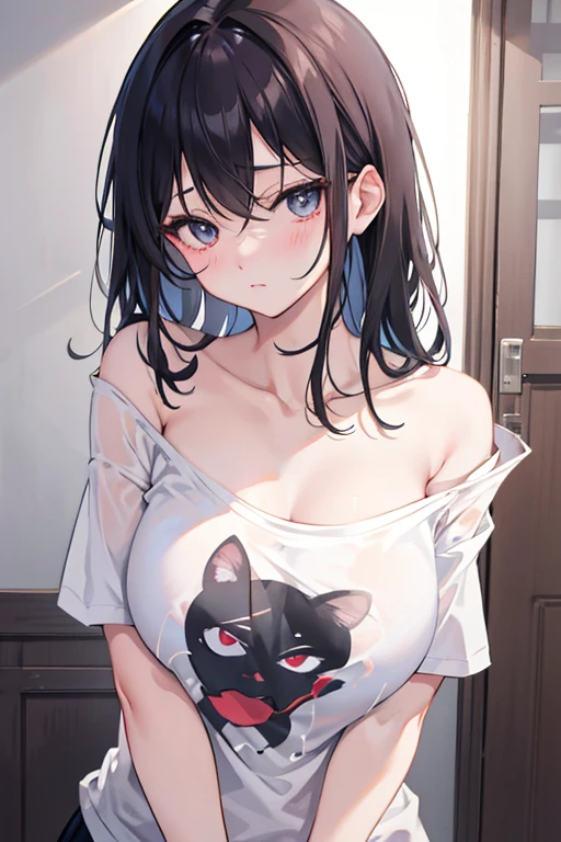 tshirts、Shoulder visible、tits out、A dark-haired、girl with、Gentle face、Falachio、sprawl、Ecchi、Kamimei、Waiting for a kiss、Kiss Face、the kiss、