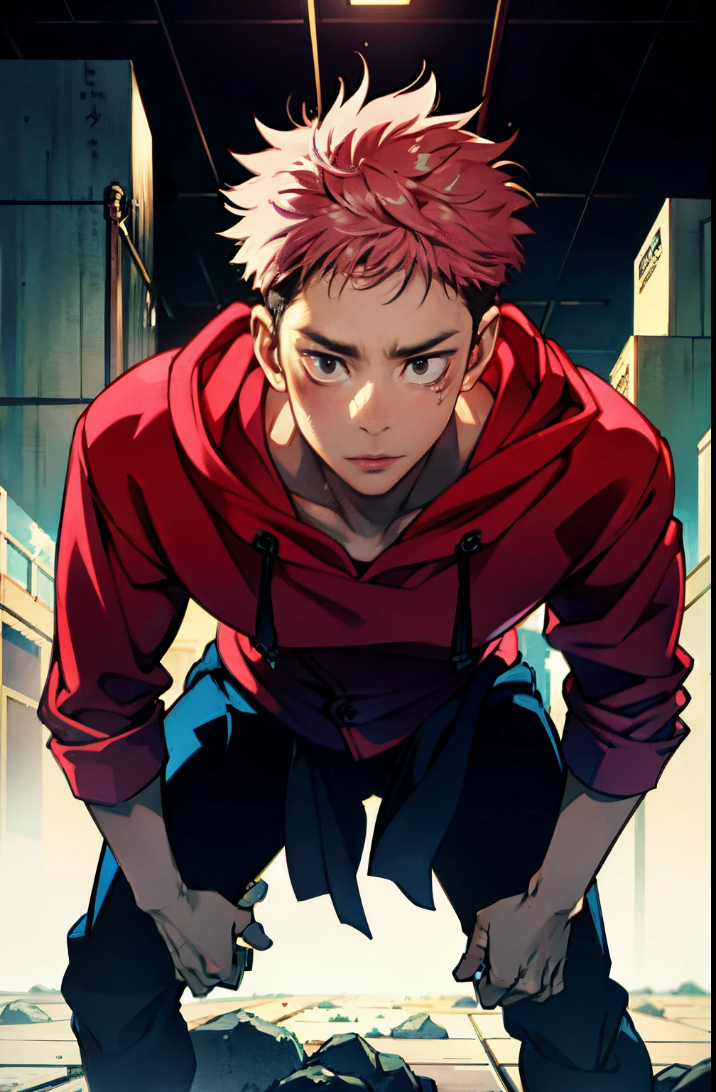 masterpiece, best quality, high quality,  1boy, male focus, full body, looking at viewer, pink hair, spiky hairstyle, short hair, steam smoke, japan style,  anime coloring, shy, home muji style, detailed face, shy, blushing, sweating, wet, embarrassed, dramatic lighting, perfect eyes, {{brown eyes}}, tight clothing, sporty clothing, muscular,