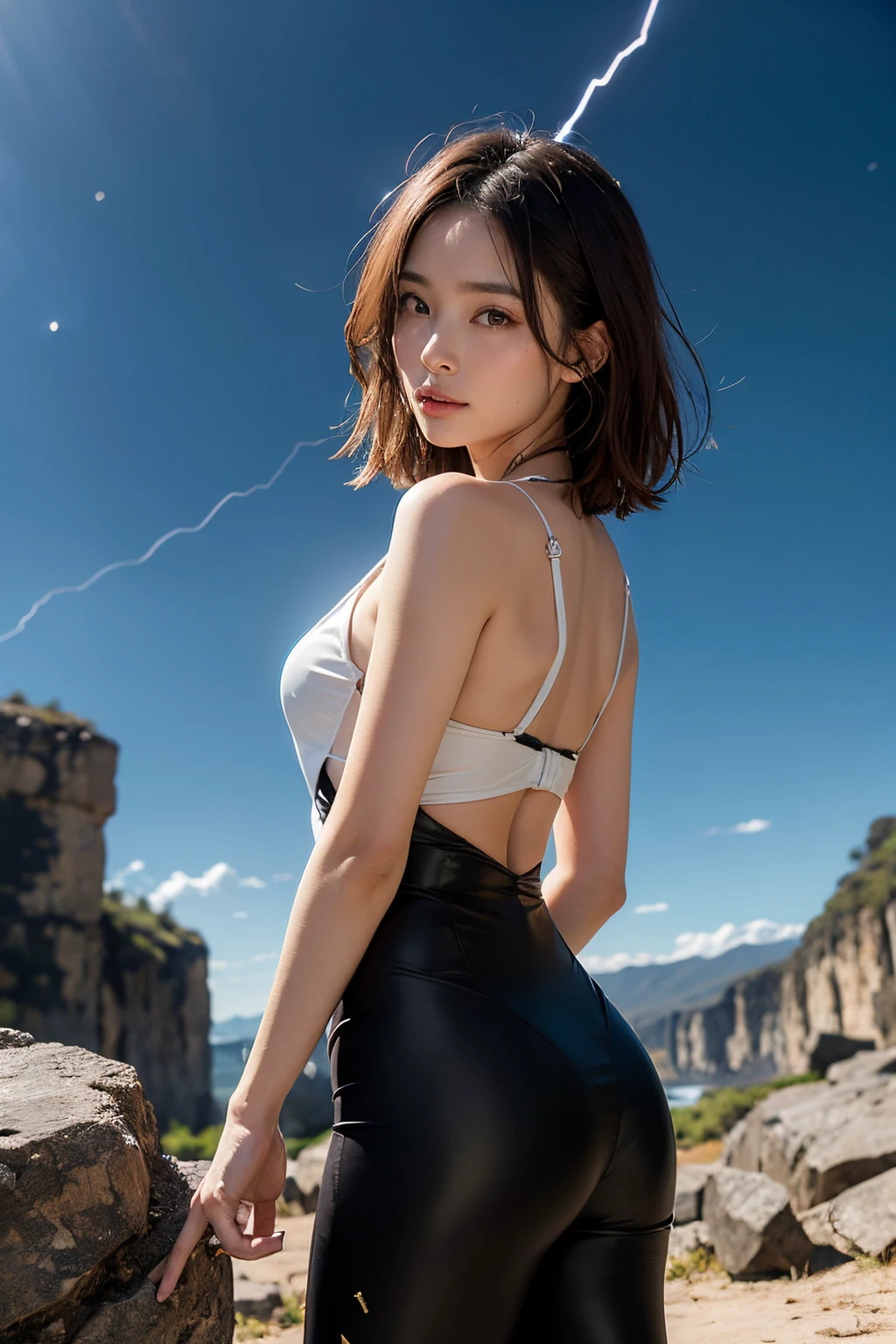 (masutepiece, Best Quality:1.2), 8K, Official art, Wearing a suit、Full body photo, full body Esbian、swim wears、 Beautiful barefoot woman with dark hair floating in the air, hold a flame in your right hand、in his left hand he holds a lightning bolt、23years old、Bright lava light rises above the broken Earth from beneath the asteroid belt(Jagged rock rocks and fragments shot into the air:1.3) (Storm of windy dust debris:1.1) Volume fogmist by trace Z、It can allow bright light from below to pass through、 (masterpiece) (top-quality) (detaileds) (8K) (电影灯光) (foco nítido) (Convoluted)A dark-haired、years、small tits、A delightful、A smile、unbelievable Ridiculous, (Beautiful girl with upper body, Pretty Face, arching back down, Gold hair ornament on hair、Wearing a cute suit、close up, Wearing a suit, Short sleeve, gardenia, violaceaess, Teen, space system, Looking at Viewer, Film grain, chromatic abberation, Sharp Focus, face lights, Dynamic lighting, Cinematic lighting, Eyes and faces with detailed, Bokeh background, (Tie with Emma written on it、1 copy:1.2)