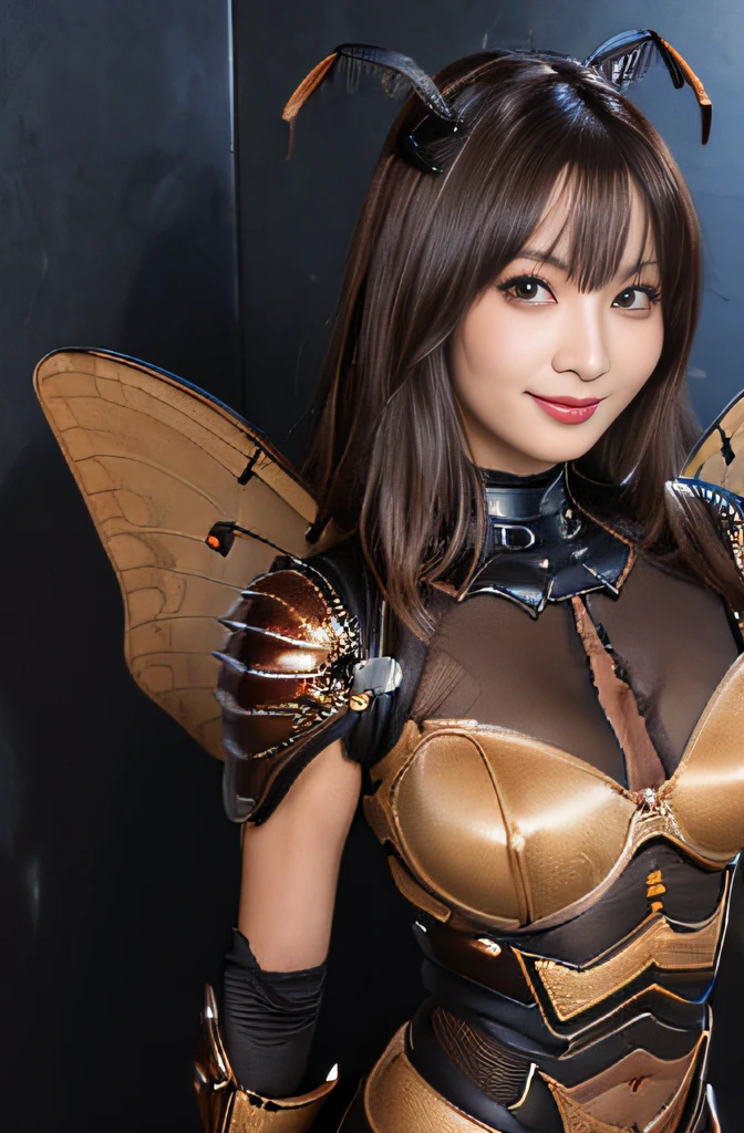 (high resolution,masterpiece,best quality,extremely detailed CG, anime, official art:1.4), realistic, photo, amazing fine details, all intricate, gloss and shiny,awesome many layers, 8k wall paper, 3d, sketch, kawaii, illustration,( solo:1.4), perfect female proportion,villainess, (fusion of dark brown cockroach and lady:1.4), (brown cockroach form lady:1.2), (brown cockroach lady:1.2), (fusion:1.2), (solo:1.4), (evil smile:1.2), muscular, abs, (cockroach brown exoskeleton bio insect suit:1.4), (cockroach brown exoskeleton bio insect armor:1.2), (brown transparency cockroach wing:1.4), (brown cockroach antennae:1.3),