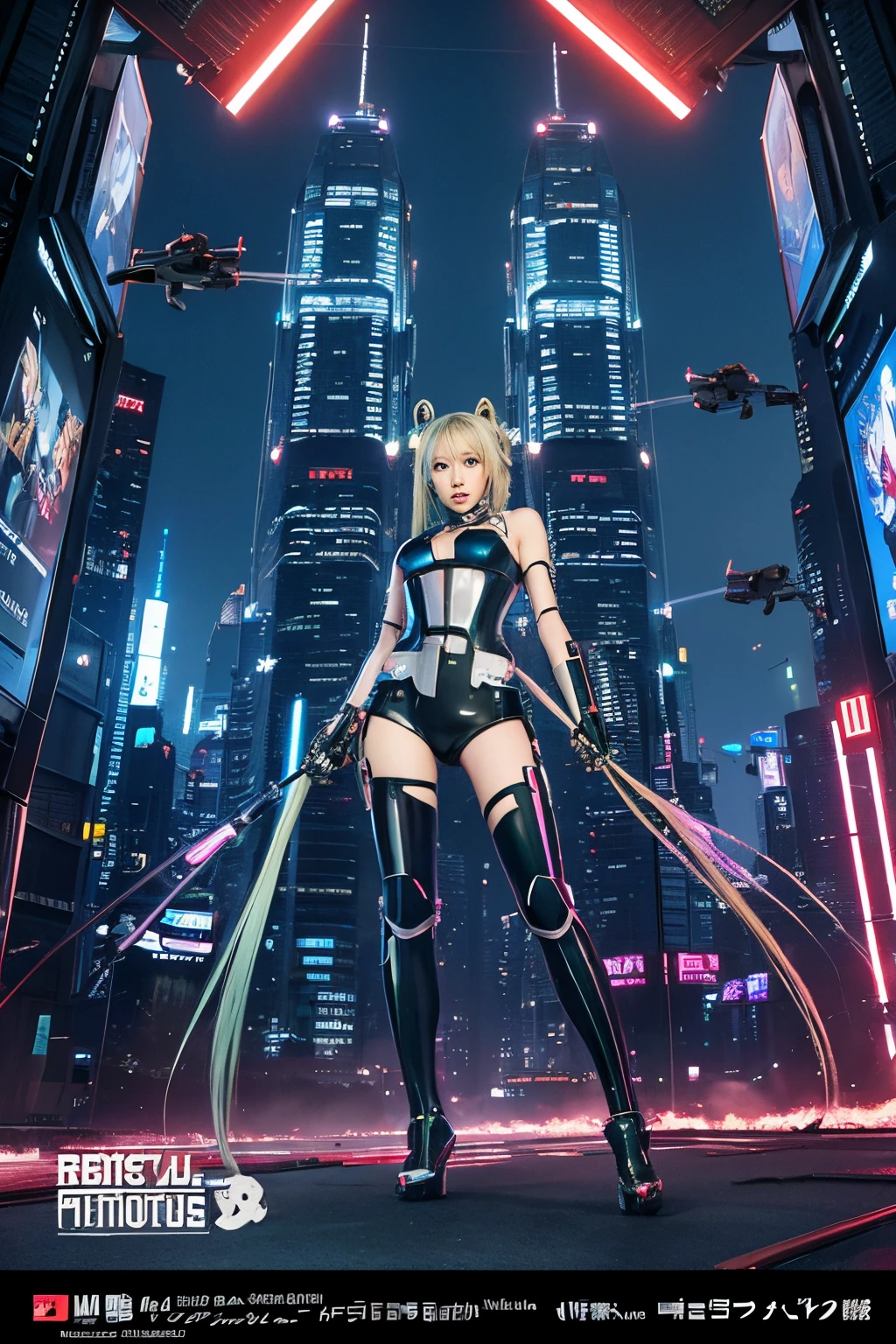 high-detail、high-level image quality、rialistic photo、Japan pretty girls、a blond、Twinte、cyberpunked、Futuristic city at night、miku hatsune、full body seen、Violent explosion、Combat with robots、a scene from a movie、With weapons、Star Wars
