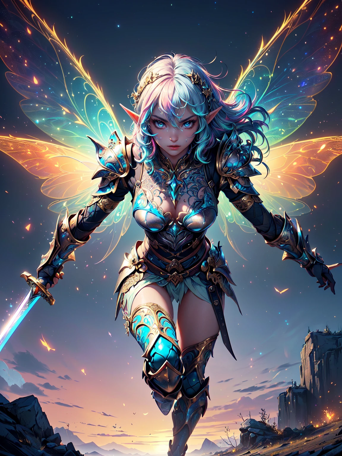 ((masterpiece)),(best quality), ((1girl elf warrior, sword master, solo)), ((cinematic)), ambient occlusion, Nvidia ray tracing, dynamic:1.2, (absolutely eye-catching), ((intricate ((armor)), shining skin)), (dynamic shot:1.2), particles:1.2, (pastel:1.2), ((glowing fairy wings:1.2)), ((multicoloured hair)), ((perfect body)), (flying:1.6), (intricate cinematic background:1.2), (colored magic:1.2), (warrior look, stern look), ((longsword in hand))
