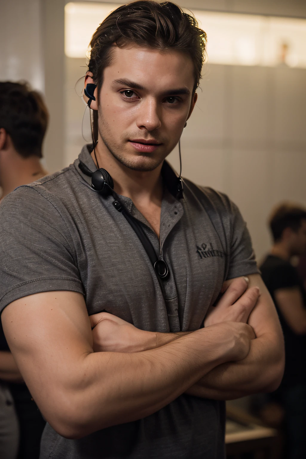 ((best quality)), ((master part)), (circunstanciado), rosto perfeito, ((rosto de homem)), nightclub lighting, Camisa regata preta, Earphone on the neck, folded arms