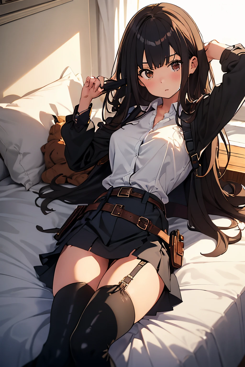 Brown hair、watching at viewers　　　black suspenders　　　Bulging big breasts　　 　 　　　walls: 　Black miniskirt　garters　　　　　　Gaze　　　Small face　bangss 　　　holster　　Belt Armament　Beautuful Women　srestrained　hands up　Lying in bed　Leg holster lying on the bed　　Gaze 　black boots panty shot