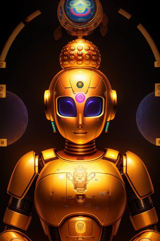 surreal art, Buddha robot, black light, 8K, masterpiece, uhd, top quality