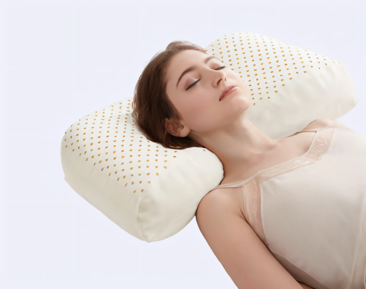 Arafad woman lying on pillow，pillow on head, Go to bed, 360 degree, Round head, Cole, 4 8 0 p, 480p, dreamy soft, sleepy, 1080p, 1 0 8 0 p, foamy, Elegant, Outcome, horn, you used to be, morpheus, Dream nucleus, pillow head