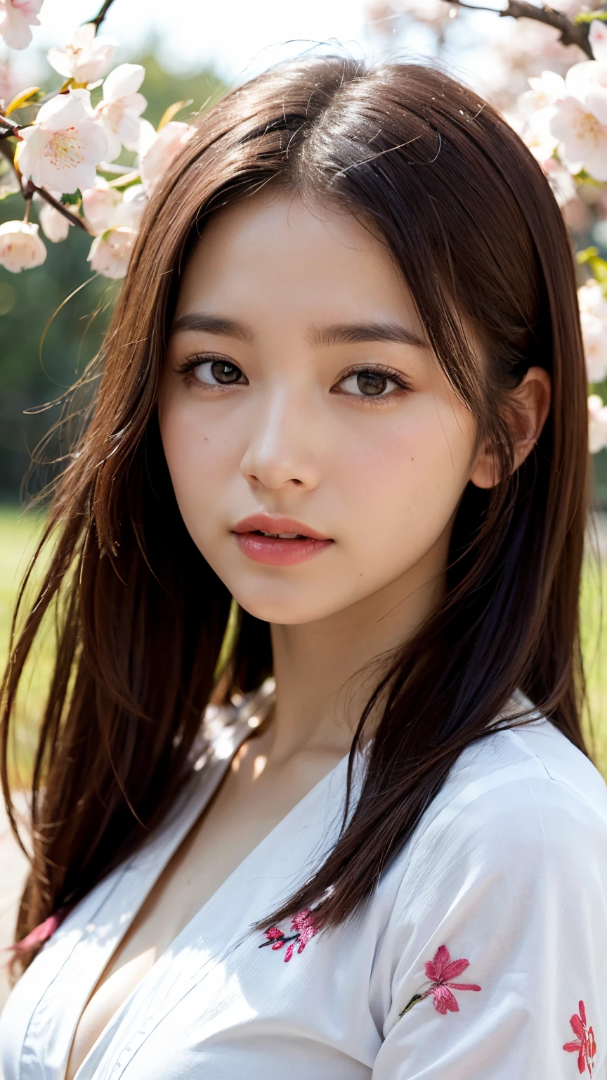 (A logo、masterpiece、8K、masutepiece、Raw photo、Fantastic、Best Quality、Photorealistic、extremely detailed CG unified 8k wallpaper、hightquality、ighly detailed、epic poem、Particle effect、Dynamic effects、depth of fields、Cinematic Light、Lens Flare、Ray tracing)、Fantasia、 (Beauty 1 person、White Japanese Clothing、Japanese dress、White cherry blossom pattern、White cherry blossom embroidery pattern、A dark-haired、Beautiful face、Real Face、Beautiful detail eyes、Beautiful skin)、Hair flutters in the wind、Hair jumps、Pink cherry blossom tree、Petals flutter、Sakura blizzard、Superb view、morning glow、Sun in the background、the wind、Deities、tusk、myth、Vast Land、
