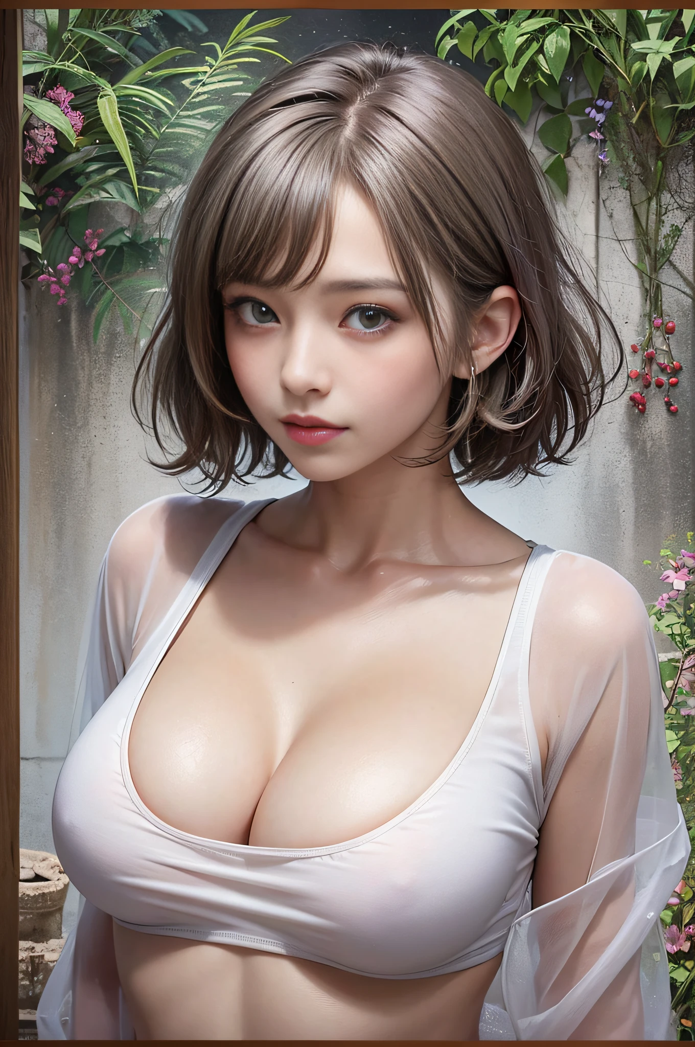 (Blush face), (Shiny skin),  pretty girl, (((See-through white shirt))),(medium breasts), ((Overgrown)), masutepiece, ((Standing)), from the front side, (cleavage), Abs, Gray hair, Arm up