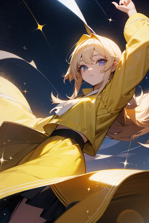 night sky background,cabellos largos dorados,sparkle eyes,thin skirt