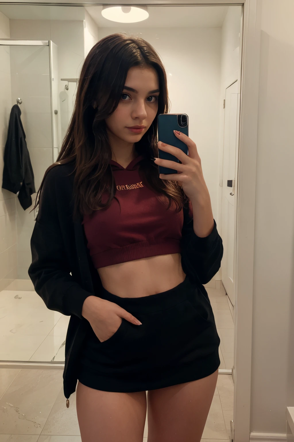 A German brunette emo girl with curly hair, wearing a black crop hoodie and a red slip, takes a selfie in front of a mirror with her red iPhone. The portrait captures her vibrant personality with its soft lighting, emphasizing her beautiful features. The high-resolution image provides ultra-detailed rendering, enhancing the realistic portrayal of the girl. The contrasting colors of her dark hair and the vivid reds create a visually striking composition, while the portrait style adds an artistic touch to the overall aesthetic.