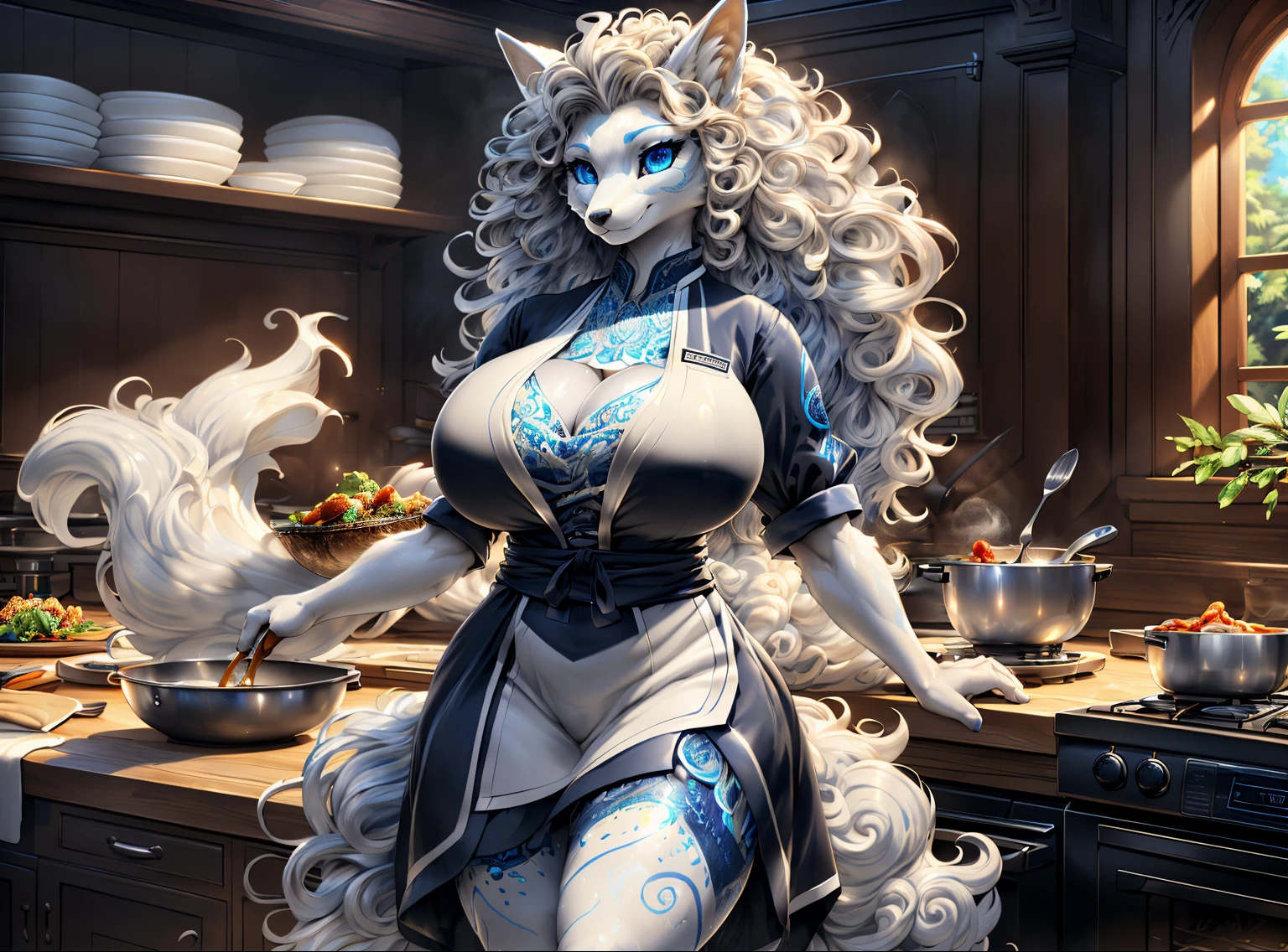 1girl ((Made by Complextree)), Alolan Ninetales, ((solo)), ((big and firm breasts, antrum, extremely detailed, extremely detailed legs, extremely detailed arms, extremely detailed face, perfectly detailed eyes,perfectly detailed anatomy, Curly hair, Wearing Black Chefs Uniform, Kitchen))