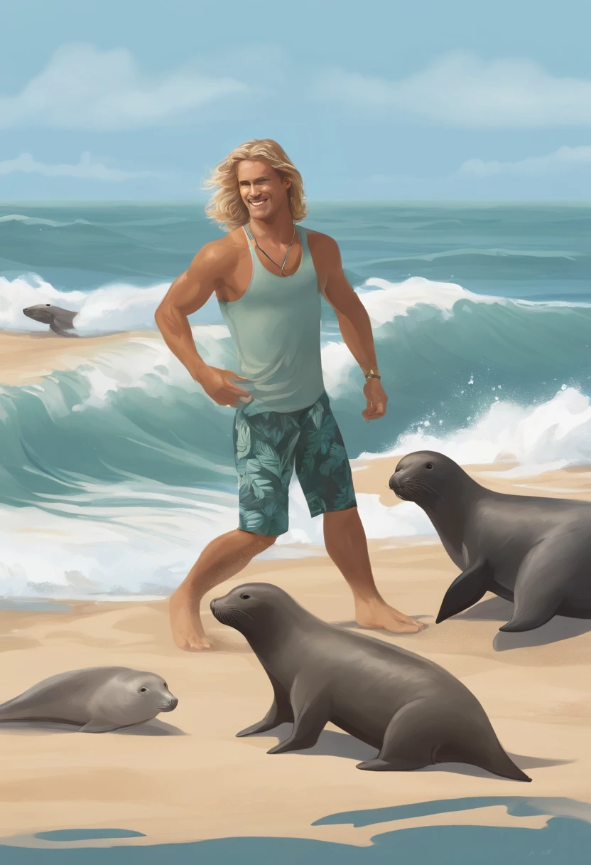 SurferBro sharing a mid-morning wave with a family of sea lions,original,SurferBro has long blonde hair, mid twenties, tan skin, and drop dead handsome. He only wears board shorts and a puka shell necklace , male