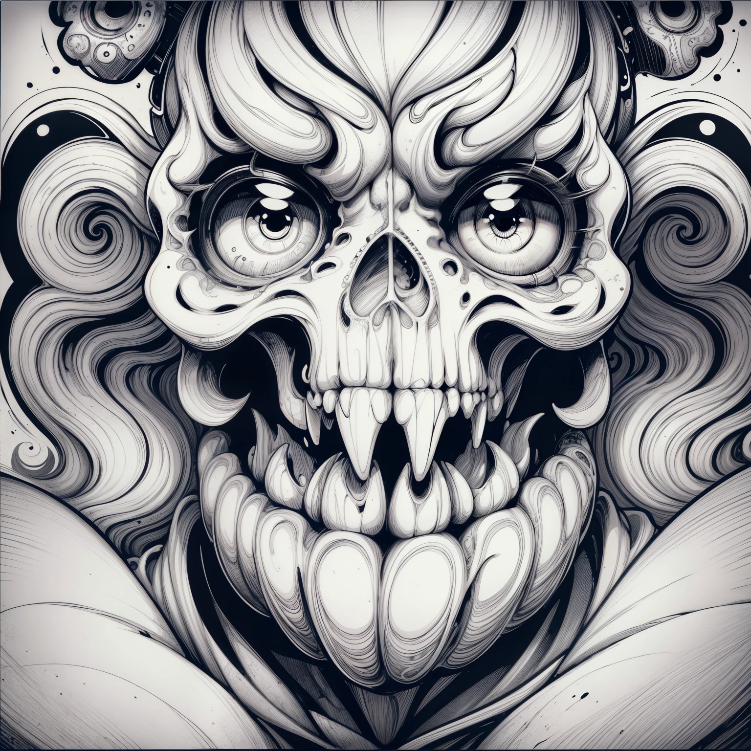 coloring book pages, Sugar skulls , In the style of Pop Art, line-art, Rounded Lines,Waves background, Black and white, No Shading, thin lines, white background