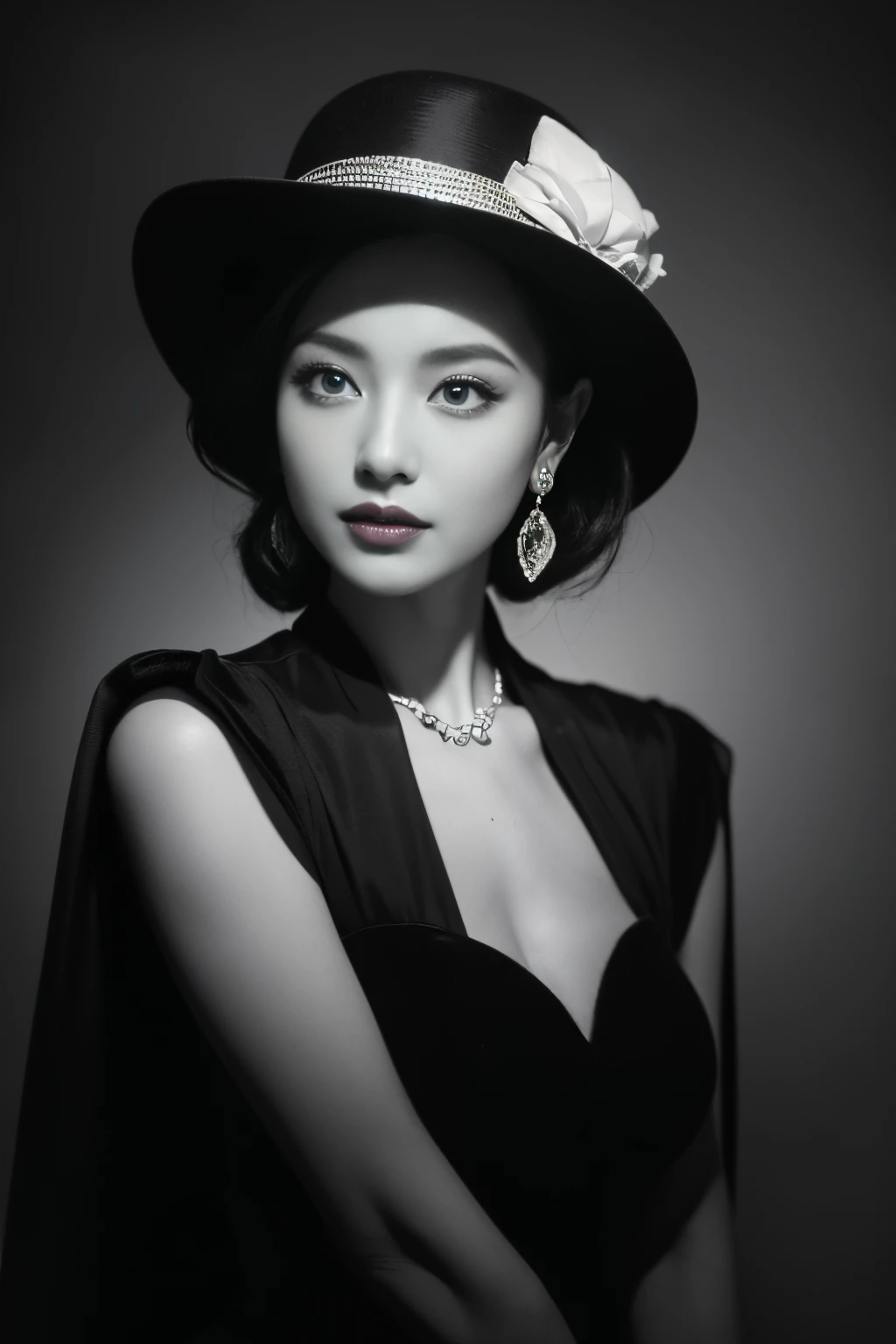 Alafid woman wearing black hat and lips in black and white photo, Inspired by George Herrell, vintage noir, Inspired by Lillian Bassman, inspired by Jerry Schatzberg, author：Clifford Ross, Inspired by Jean-Jacques Henner, film noir style, author：george herrell, photography of：albert watson, film noir lighting, film noir reality，4K Ultra HD, 超高分辨率, (realistically: 1.4), Best quality，tmasterpiece，