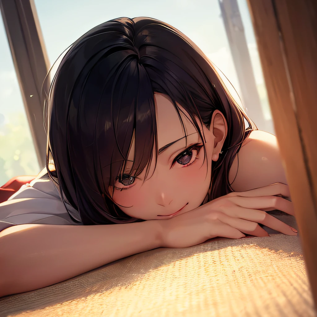 photographrealistic, (masutepiece,Best Quality:1.4),(8K,Raw photo,photographrealistic:1.2), Detailed skin,Detailed face,1girl in,Japanese Idol,Cute face, Black hair,slender, shiny eyes, Smile, Dutch angle BREAK that turns away from the viewer, Side view