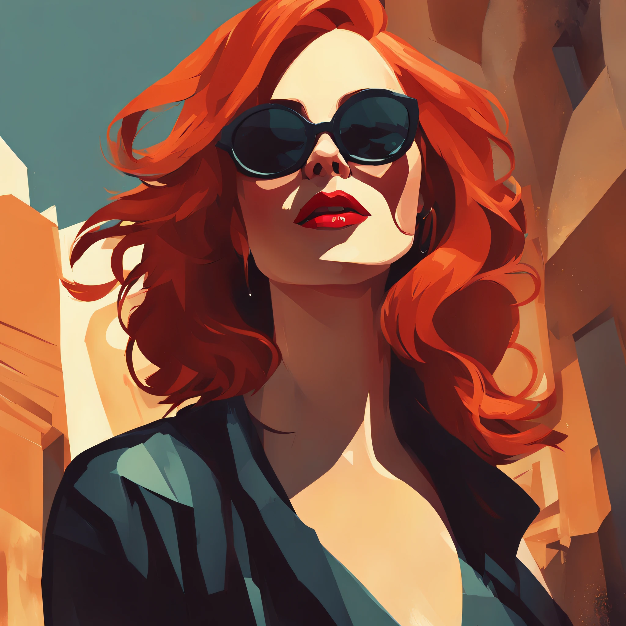 a beautiful red-haired woman with red lipstick and sunglasses, com expressionista, estilo medieval, illustration style done by Liam Brazier, no meio da jornada, 8k.