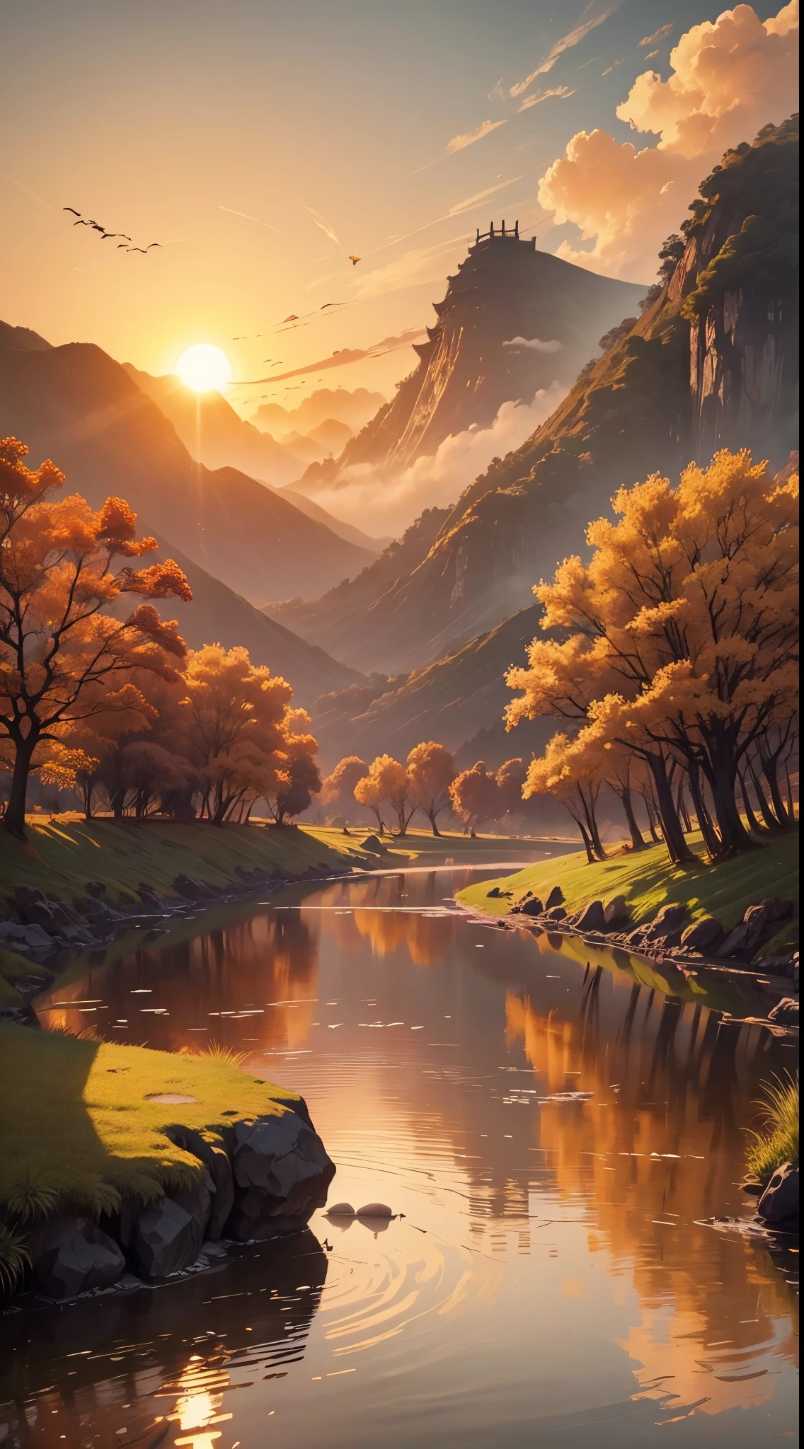 China ink painting,ink,The sunset and the cloud ,The autumn water is the same for a long time,The beauty of ancient poetry,the setting sun,Wild geese in the sky in the distance,Ancient buildings are scattered