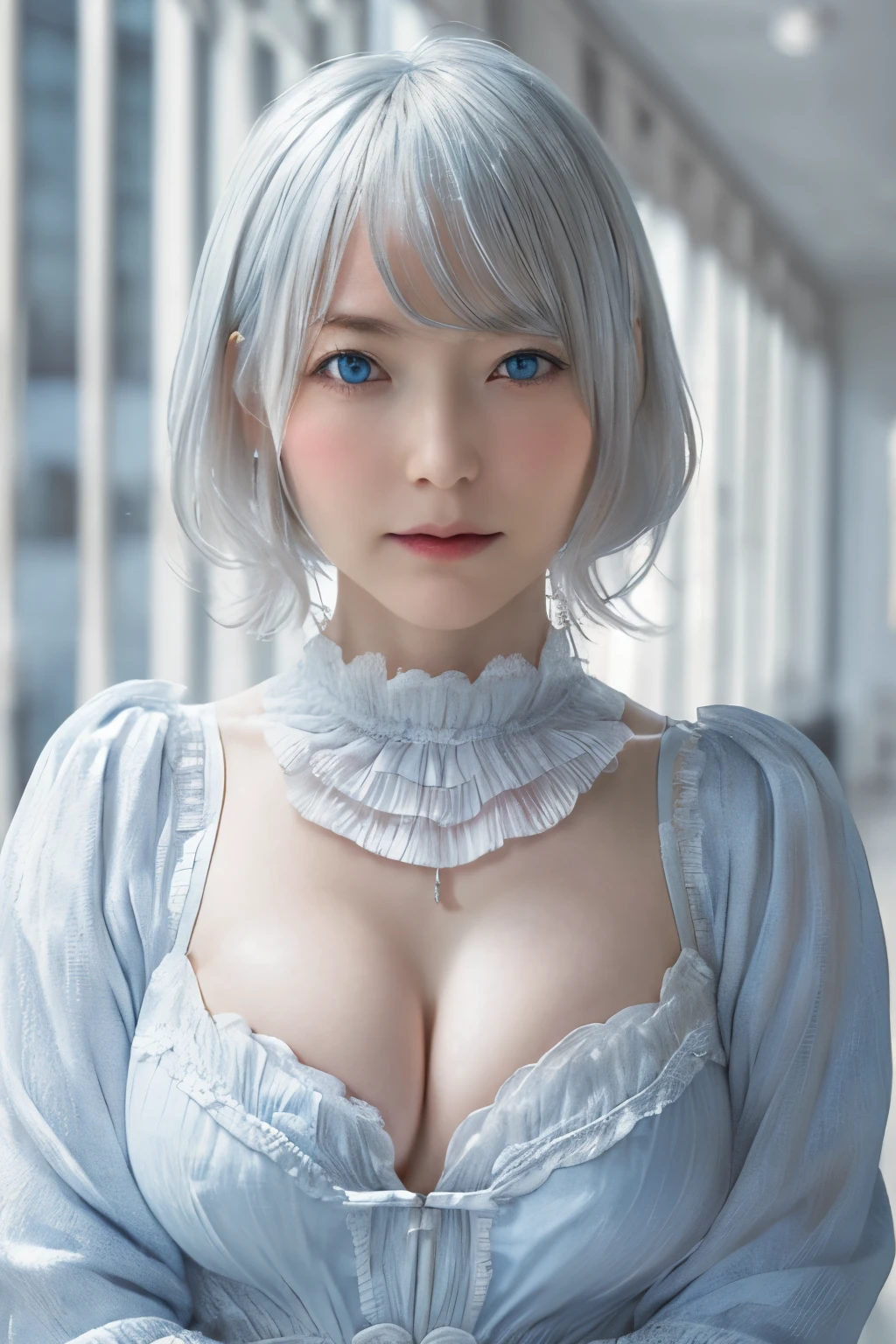 ((High quality)),masutepiece,(Detailed depiction of local details:1.2),1girl in,Blue eyes,large full breasts、cleavage of the breast、,Closed mouth,Eyelashes,Looking at Viewer,Portrait,Solo,Upper body,White hair,White theme,Short hair,Silver hair,Yorha No. 2 Type B,NSFW,