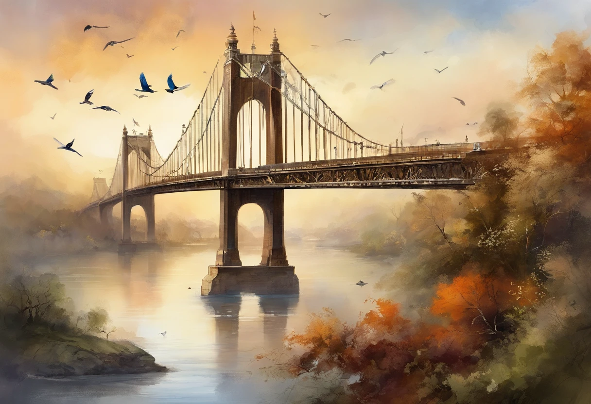 Beautiful view of the bridge with cars and birds flying by, soaring towers and bridges, high bridge，There are cities on it, elegant bridge between towers, bru, sky bridges, Bridge City, sky bridges, illustration matte painting, beautiful high resolution, crooked bridge, symmetric matte painting, suspended bridge!, lots of bridges, sky bridges, an illustration of, Official illustration